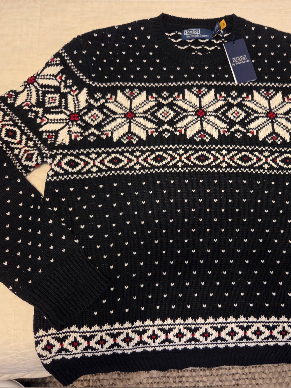 New Men's Ralph Lauren Black Fair Isle Crewneck Sweater, Medium